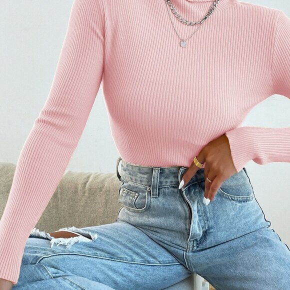 Baby Pink Casual Women's Turtleneck Ribbed Knit Sweater Without Necklace - Picture 5 of 6